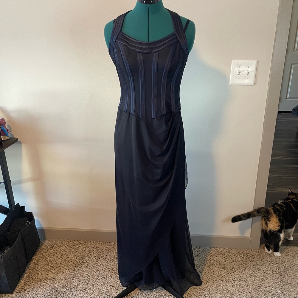 Y2K navy blue mesh cocktail party dress size 6 maxi Alex Evenings